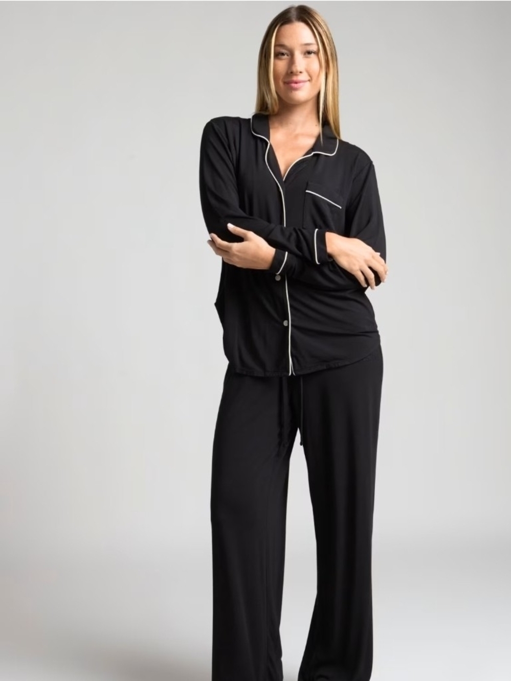 Black Contrast-Piped Women's Pajama Set